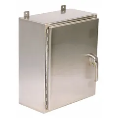 This 304 stainless steel enclosure measures 24 x 24 x 8 inches and features a solid hinged cover with padlock hasp closure. Rated NEMA 12/3R/4/4X, it is suitable for indoor and outdoor applications where protection from rain, washdown, and corrosive environments is required. Knockouts are not included.