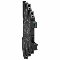 This DIN-rail mounted slim socket from SCHNEIDER features spring terminal electrical connections for secure wiring. It is designed for use with interface relays in industrial control panels, automation systems, and machinery where reliable relay switching is required.