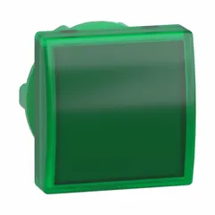 Green, smooth LED pilot-light head for 22 mm panel mounting. Part of the XB5 series, compatible with Universal LED Module. Used as a visual indicator in industrial control panels to signal machine status or process conditions.