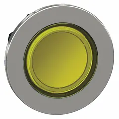 Illuminated flush-mount push-button operator from the XB4 series with maintained action. Metallic construction for industrial control panels requiring sustained contact operation, such as start/stop or mode selection.
