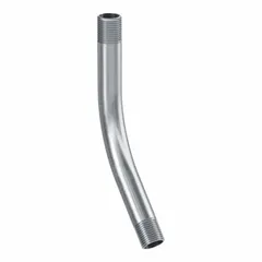 This 45° aluminum elbow is used to change the direction of rigid metal conduit (RMC) runs in electrical installations. It has a 3/4 in trade size, NPT threads, and an overall length of 8 1/2 in. Complies with UL 6A and ANSI C80.5 standards.