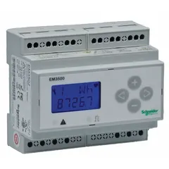 Three-phase energy meter for measuring frequency in electrical systems. Accepts 90/600V AC/DC input voltage and 5 A current. Provides ±0.20% accuracy for monitoring power parameters in industrial and commercial installations.