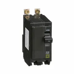 Bolt-on miniature circuit breaker from the QOB Series, rated 70 A, 2-pole, single phase, 120/240V AC with a maximum interrupting rating of 10kA at 120/240V AC. Designed for overcurrent protection in panelboards, compatible with Square D NQOD panelboards.