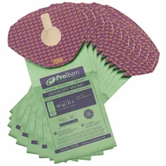 Dry pickup replacement bag for ProTeam backpack vacuums. Constructed of 2-ply paper with HEPA filtration. Compatible with models using part numbers 107536, 107537, 107538, 107688, and 107691. Suitable for commercial cleaning applications requiring fine dust and allergen capture.