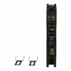 Single-pole miniature circuit breaker rated 100 A at 120/240V AC, with a maximum interrupting rating of 10kA at 120/240V AC. Part of the QOU Series for unit-mount applications. Provides overcurrent protection for air conditioning and refrigeration equipment.
