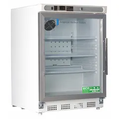 This undercounter lab refrigerator provides 4.6 cu ft of storage capacity with a left-opening swing glass door. It maintains a temperature range of 1°C to 10°C, uses R-600a refrigerant, and includes a temperature alarm. The white finish and 25 1/2 in overall depth suit laboratory environments for storing temperature-sensitive materials.