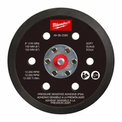 Round backing pad for power sanders, 6 in diameter, made of polyurethane with a soft durometer. Features pressure-sensitive adhesive (PSA) attachment and six vacuum holes for dust extraction. Designed for use with the MILWAUKEE 2584-20 sander.