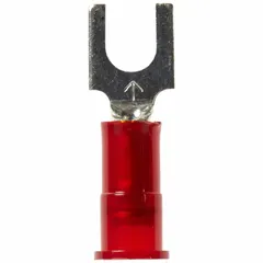 Nylon-insulated fork terminal for 22 AWG to 18 AWG wire, #8 stud size, standard fork shape, rated 600 V. Insulation grip barrel style. Used for secure connections in control panels, junction boxes, and industrial machinery.