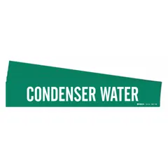 Green adhesive pipe marker with white legend reading 'Condenser Water'. Designed for pipe outer diameters of 8 inches and larger. Pack of 5 includes one marker without arrows. Used to identify condenser water lines in piping systems.