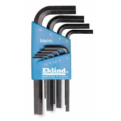 Set of 9 L-shaped hex keys in bright finish, including Hex-L Short, L, Metric, Std End, and Short styles. Keys are held in a holder for organization. Used for manual tightening or loosening of hex socket screws and bolts in confined spaces.