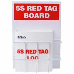 Red/white acrylic board with preprinted '5S Red Tag Board' text in English. Includes one binder holder and one 5S Red Tag Log Binder. Used in lean manufacturing and workplace organization to visually manage items tagged for evaluation during 5S audits.