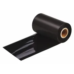 Black resin ribbon from the R4700 series, 4 21/64 in x 984 ft, designed for the BBP81 printer. Smear-resistant and RoHS compliant to 2015/863. Used for printing durable labels in industrial environments such as equipment identification, pipe marking, and panel labeling.