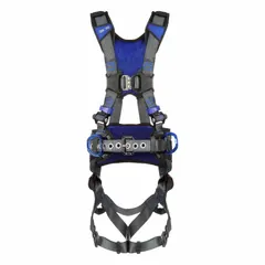 This unisex crossover vest-style harness is designed for positioning with belt. It features a gray color and Revolver torso adjustment. Suitable for climbing, confined spaces, and positioning applications in industrial environments.