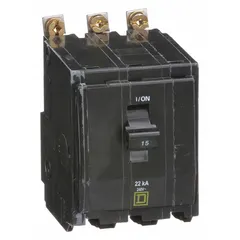 Three-pole bolt-on miniature circuit breaker from the QOB Series, rated 15 A at 120/240V AC with a maximum interrupting rating of 22 kA at 120/240V AC. Designed for overcurrent protection in three-phase electrical distribution systems, compatible with Square D NQOD panelboards.