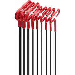 T-shaped hex key set with black finish, containing 8 pieces of SAE standard end long hex keys. Supplied in a pouch for organized storage. Used for tightening or loosening hex socket screws and bolts in maintenance, assembly, and repair tasks.