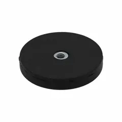 Threaded rare earth magnet with a #10-24 female thread tap size, 1 11/16 in outside diameter, and 15 lb max pull force. Black rubber coating provides a non-marring grip for ferrous material handling and fixturing applications.