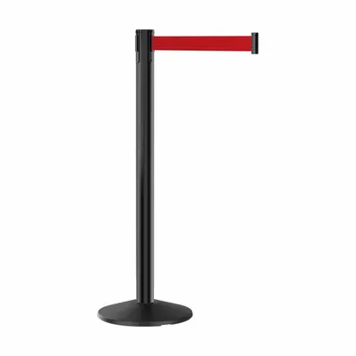 RETRACTA-BELT Barrier Post with Belt: Red, No Pattern, No Legend, 7 ft Belt Lg, Black - Solid-Color Retractable Belt Post Barriers