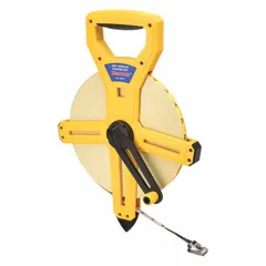 Manual open-reel tape measure with a 300 ft fiberglass blade. Features a double-sided SAE/Engineers scale graduated in 1/100 ft and a nonmagnetic single hook. Plastic case. Suitable for measuring long distances in construction, surveying, and engineering applications.