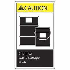This label is used to mark containers or areas designated for chemical waste storage. It measures 3 1/2 inches by 5 inches with a black background and displays the message 'Chemical Waste Storage Area'. Sold in a pack of 5 labels.