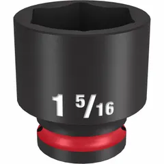 This MILWAUKEE impact socket features a 1/2" drive size and a 1-5/16 in SAE 6-point standard profile. Designed for use with impact wrenches, it provides secure engagement on hex fasteners in automotive repair, heavy equipment maintenance, and industrial assembly. The black phosphate finish offers corrosion resistance.
