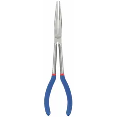 These long-reach needle-nose pliers feature a 3 1/8 in jaw length and 1/8 in tip width for accessing confined spaces. The 11 1/8 in overall length provides extended reach for gripping, bending, and cutting in tight areas. Suitable for electrical, mechanical, and assembly tasks where precision and access are required.