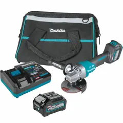 This cordless angle grinder kit operates on a 40V DC XGT® battery with 4.0 Ah capacity. It features a brushless motor and standard head, accepting 4-1/2 in and 5 in wheels. Suitable for cutting, grinding, and surface preparation on metal, masonry, and tile in fabrication, construction, and maintenance tasks.