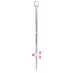 Class A borosilicate glass buret with 5 mL capacity, 0.01 mL increment, and ±0.01 mL tolerance. Length 790 mm. Used for precise liquid titration and volumetric analysis in laboratory settings.