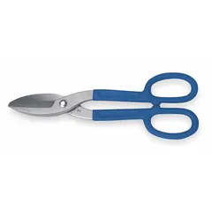 Straight-cut tinner snips with a 12-inch overall length and 2-1/2-inch cutting length. Features steel blades, a plastic handle, and a metal body. Designed for straight cutting of sheet metal in fabrication and metalworking applications.
