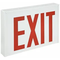 Single-face LED exit sign with white steel housing and red lettering. Operates on 120/277 V AC and includes a nickel cadmium battery for emergency backup during power loss. Designed for ceiling mounting, suitable for egress marking in commercial and industrial facilities.