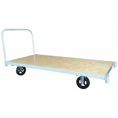 Wooden-deck platform truck with 2,000 lb capacity. Deck measures 60 in L x 30 in W x 11 1/2 in H. Equipped with two 8 in diameter swivel casters. No side panels. Used for transporting pallets, equipment, and bulk materials across flat surfaces in warehouses, factories, and distribution centers.