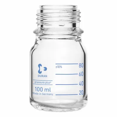 DURAN Narrow Mouth Round Glass Bottles - Safety Coated: 100 mL, 45 mm, Colorless - Clear Wide Mouth Round Glass Lab Bottles