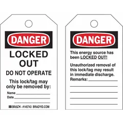 Polypropylene tag with write-on surface for recording date and name. Displays 'Danger, Locked Out Device' in English. Used to indicate a locked-out condition on equipment during maintenance or repair.