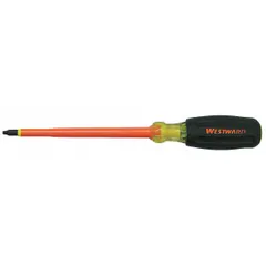 Insulated square screwdriver with #3 tip size, 6-inch shank length, and 10 1/4-inch overall length. Cushion grip handle. Used for driving square-recess fasteners in electrical work where protection against accidental contact with live circuits is required.