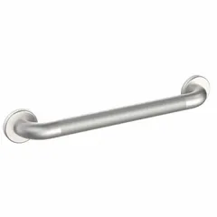 This straight grab bar is constructed from satin-finished stainless steel with an anti-microbial surface. It measures 24 inches in length with a 1 1/2 inch diameter and supports up to 800 lb. Suitable for installation in bathrooms, healthcare facilities, and other areas requiring secure hand support.