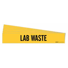 Yellow pipe marker with black 'Lab Waste' legend for identifying waste lines. Fits pipe outer diameters of 8 inches and larger. Supplied without arrows. Pack of 5 markers.