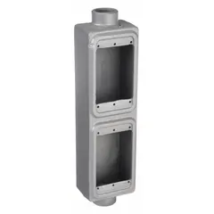 This rectangular iron weatherproof electrical box features a 40 cubic inch capacity and is designed for 2-gang installations. It includes a 1/2-inch hub for conduit connections and is finished in gray. Suitable for outdoor or wet-location wiring, it is commonly used in industrial and commercial settings to house splices, switches, or receptacles.
