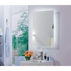 Rectangular lighted vanity mirror with polished glass edge. Overall height 36 in, width 24 in, depth 1 3/4 in. Back is unfinished. Suitable for grooming and illumination in commercial or residential washrooms.