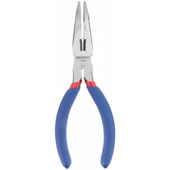 Bent needle-nose pliers with a jaw length of 2 3/8 in and tip width of 1/4 in. Overall length is 6 1/2 in. Designed for precision gripping and bending in confined or hard-to-reach spaces, commonly used in electrical, automotive, and assembly work.