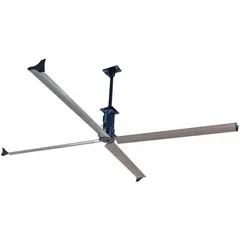 The SKYBLADE STEP-1443-423-3 is an industrial HVLS ceiling fan with a 14 ft blade diameter, operating on 230V AC three-phase power at 5 A. It features variable speed control and delivers 107,528 cfm airflow. This fan is suited for large commercial and warehouse spaces to improve air circulation and reduce temperature stratification.