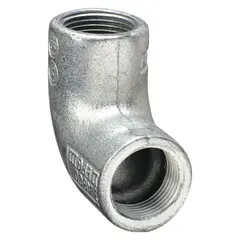 This 90° elbow is made of electroplated iron with female NPT threads on both ends (1 in FNPT x 1 in FNPT). It is used to change the direction of conduit runs in electrical installations, providing a secure connection for wiring systems.