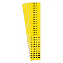 Yellow adhesive pipe marker with black legend reading 'Lube Oil' and directional arrows. Designed for pipes with an outside diameter of 3/4 inch and smaller. Each pack contains 5 markers (3 pipe markers). Used to identify lube oil lines in industrial piping systems.