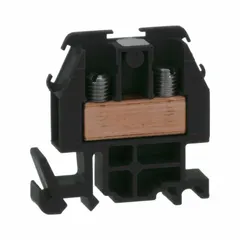 DIN rail mount pass-through block with box lug wire termination. Rated 60 A, accommodates minimum 22 AWG wire. Used for connecting and distributing power in control panels and automation systems.