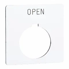 Square non-metallic plastic legend plate for 30 mm panel mounting. Overall dimensions 2 1/4 in height and width. White face with black legend and open notch. Used to label push-button stations in industrial control panels.