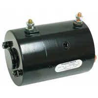 DC wound field motor designed for hydraulic lift applications. Rated 12V DC, 1-3/5 hp, 2800 RPM, 200 A full load current. Shaft diameter 9/16 in, overall length 6 3/4 in. Reversible rotation (CW/CCW). Suitable for pump drives in material handling and mobile equipment