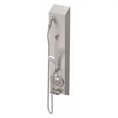 Shower faucet panel with integrated handheld showerhead. Overall height 38 5/8 in, width 7 1/2 in, depth 4 in. Suitable for commercial or residential bathrooms requiring flexible washing options.