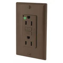 This LEVITON GFI receptacle is a hospital-grade, specification-grade decorator duplex GFCI outlet. It features a 5-15R configuration, brown finish, and is rated for 125V AC. Designed for use in healthcare facilities and commercial settings where ground-fault protection is required.