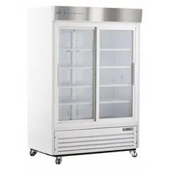 This upright chromatography refrigerator provides a temperature range of 1°C to 10°C for storing temperature-sensitive samples, reagents, and biological materials. It features a sliding glass door, white exterior, temperature alarm, and uses R-290 refrigerant. Suitable for laboratory and pharmaceutical cold storage applications.