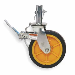 This plastic caster in silver finish is designed for scaffolding applications, providing mobility to scaffold frames for repositioning on job sites. It includes a snap pin for secure attachment to compatible scaffold legs, supporting efficient material handling in construction and maintenance environments.