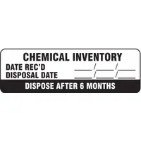 Paper label for identifying chemical containers in industrial facilities. Rectangular, 2 7/8 in wide by 7/8 in tall, black/white printing in English. Pack of 500