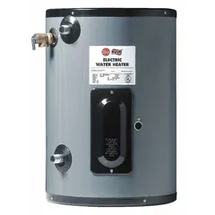 Compact commercial electric water heater with 15-gallon capacity, 1,500 W heating element, single-phase 120V operation. Delivers 15 gallons per hour at a 40°F temperature rise. Suitable for point-of-use hot water in small commercial spaces such as break rooms or offices.